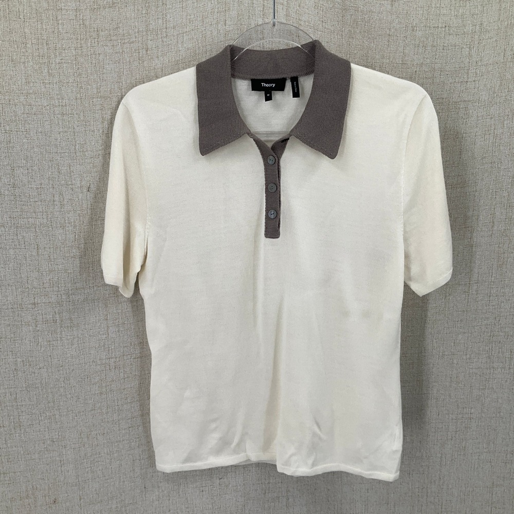 Theory Polo Shirt Womens M White Wool Contrast Neo Bering Minimalist Old Money